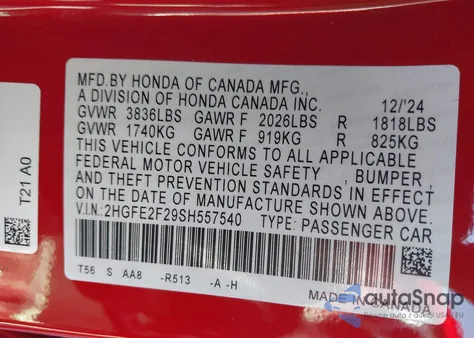 2025 Honda Civic Lx из США, поврежденный, VIN 2HGFE2F29SH557540